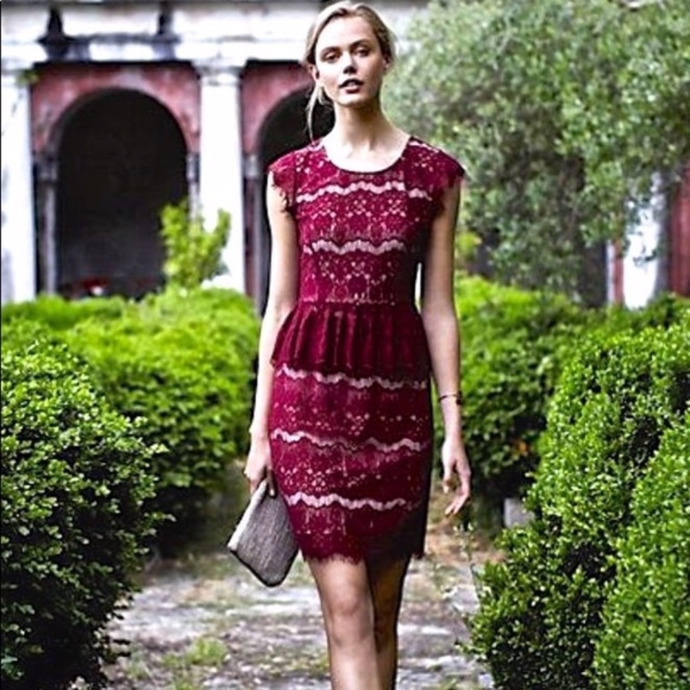 Anthropologie Maeve Wine Bordeaux Lace Peplum Cap Sleeve Dress AD8522B NEW S - Picture 2 of 7